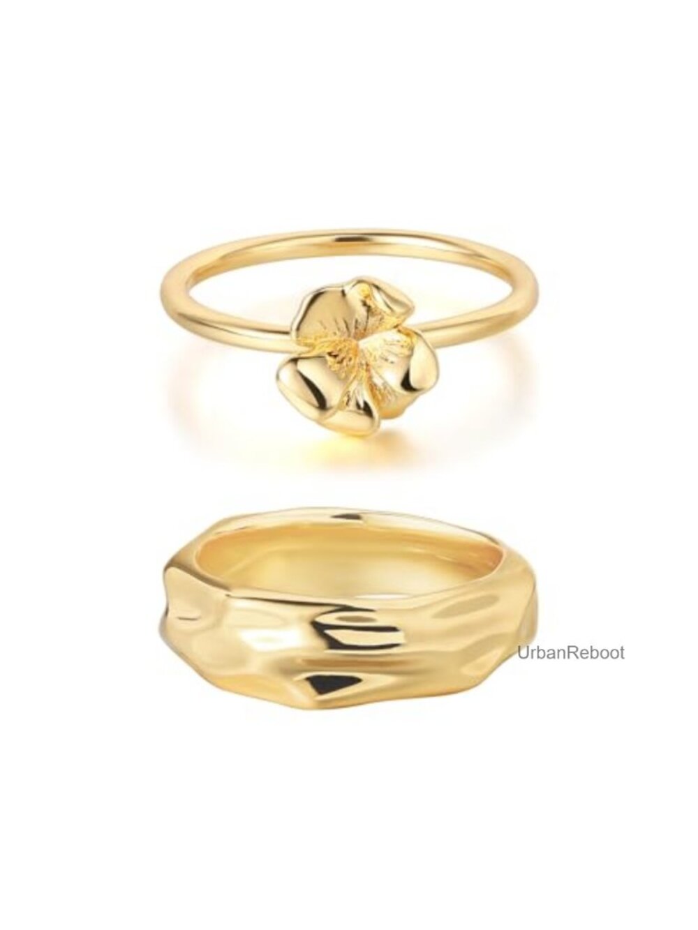 14K Gold Plated 2-Piece Stackable Ring Set - Minimalist Birth Flower & Hammered